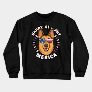 A cartoon German Shepherd in American flag colors has an American flag-colored face, wearing American flag-colored sunglasses. (2) Crewneck Sweatshirt